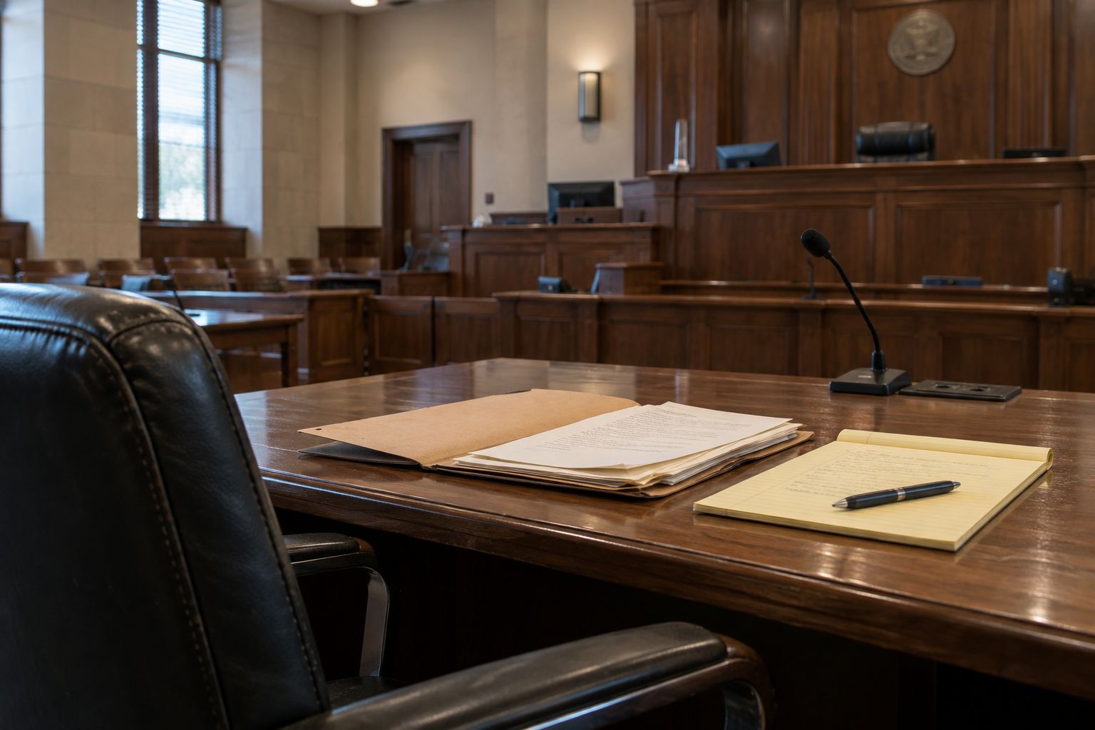 Defense table with case files in an empty courtroom